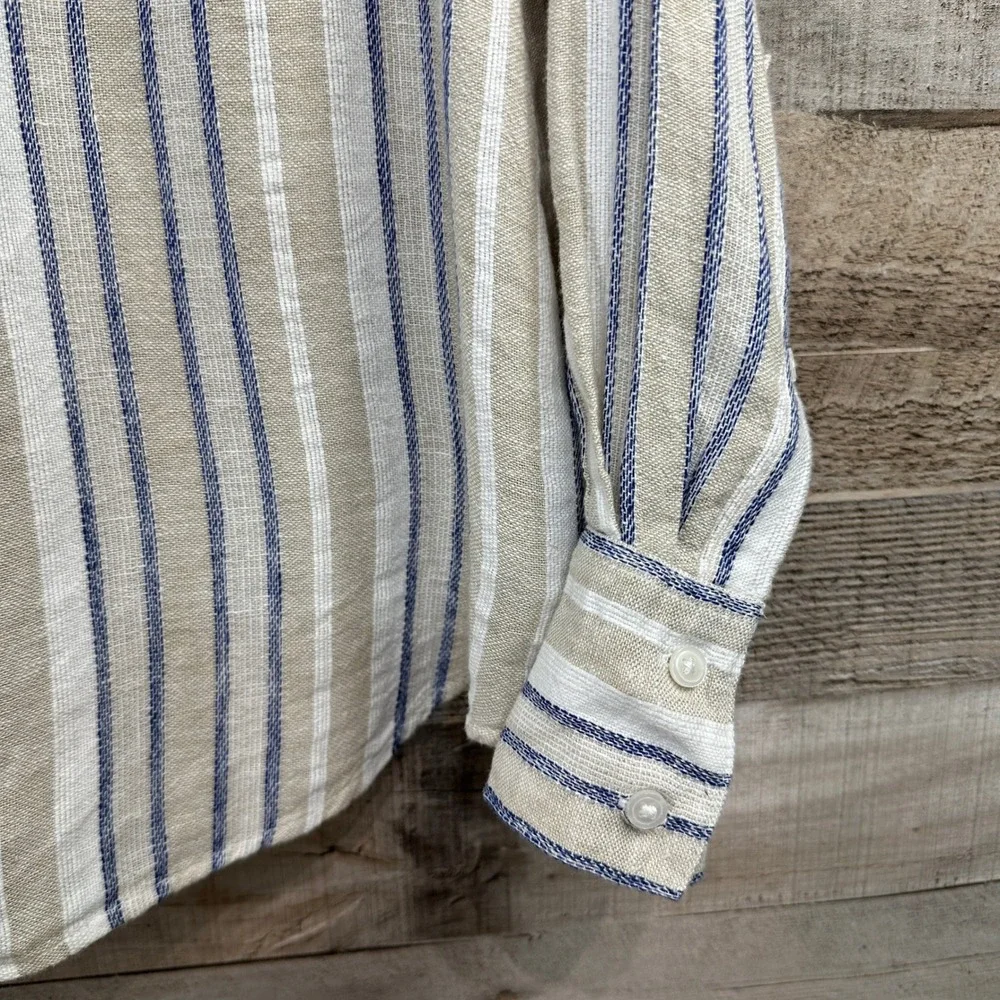 Banana Republic Linen Blend Striped Button Up Shirt Womens Medium Beige Navy - Picture 3 of 7